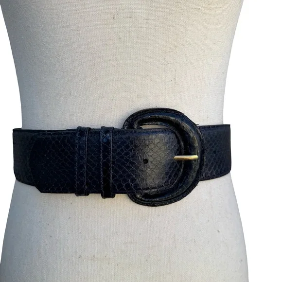 Saks Fifth Avenue Navy Blue Genuine Snakeskin Wide Waist Belt Size M Vintage - Picture 1 of 10